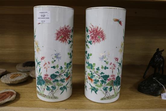 A pair of early 20th century Chinese sleeve vases height 28cm (one a.f.)